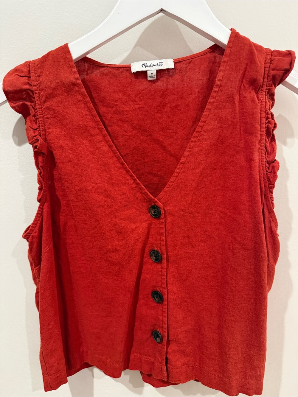 Madewell Red V-Neck Button-Front Sleeveless Top